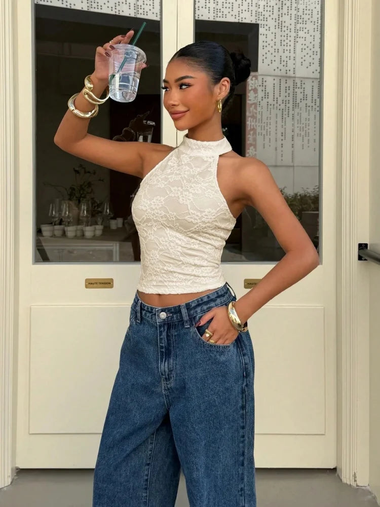 Women's Sexy White Lace High Neck Halter Back Button Backless Slim Fit Crop Top Casual Daily Vacation Summer 2026 Secondary image