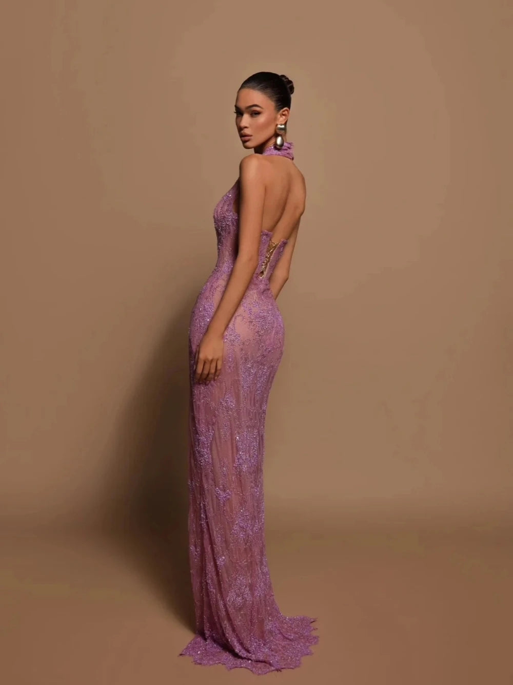 Illusion Halter Party Prom Dress With Split Beaded Lace Evening Gown Shiny Women Sexy Dresses Customized Vestido De Novia Secondary image