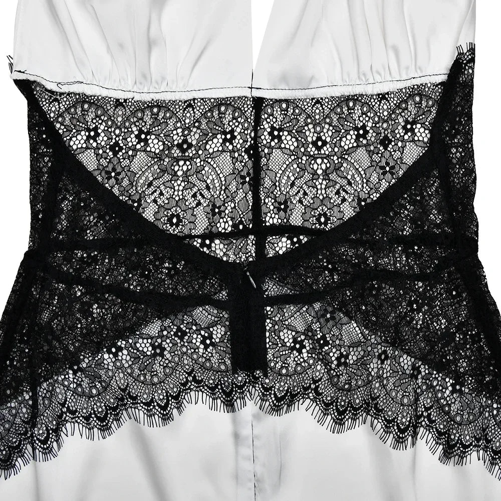 Pervinca Lace-Panel Satin Plunge Halter Backless Maxi Dress