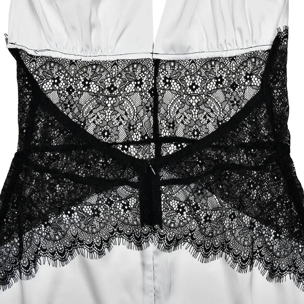 Pervinca Lace-Panel Satin Plunge Halter Backless Maxi Dress