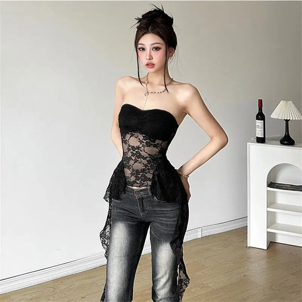 Inez Lace One-Shoulder Irregular-Hem Crop Top One-piece