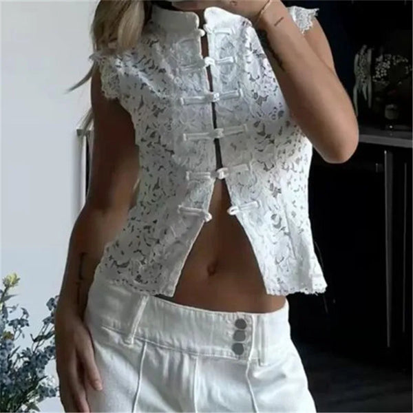 Adalyn Hollow Lace Waist-Cinched Sheer Top