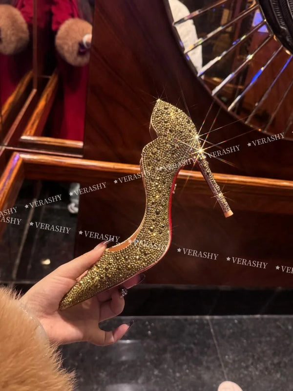 High Heels Women 2025 Spring New gold Sexy Pointy French Thin With Single Shoes Women Crystal Wedding Shoes Women Red Sole Shoe
