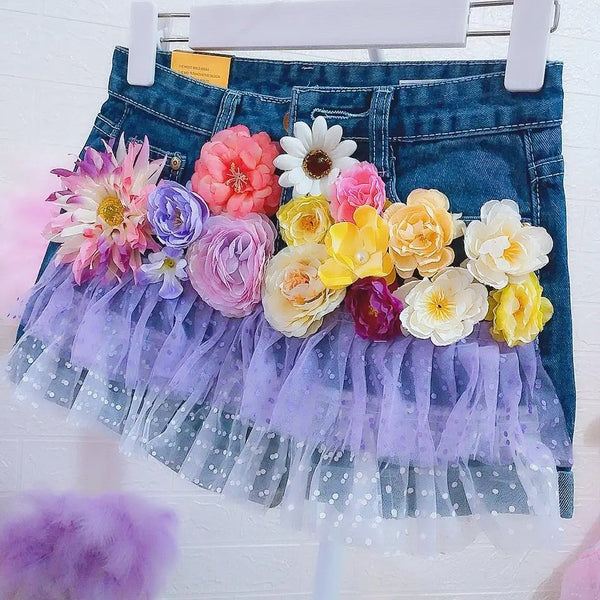 Flora 3D Floral Denim Shorts Apparel One-piece