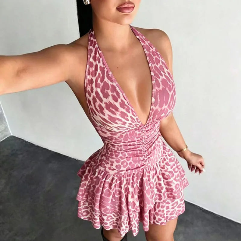 Yesenia Leopard Halter Plunge Ruffle Mini Dress