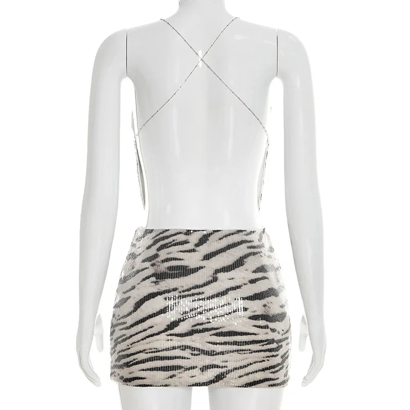 Zahara Zebra-Sequin Backless Mini Skirt Set Two-piece