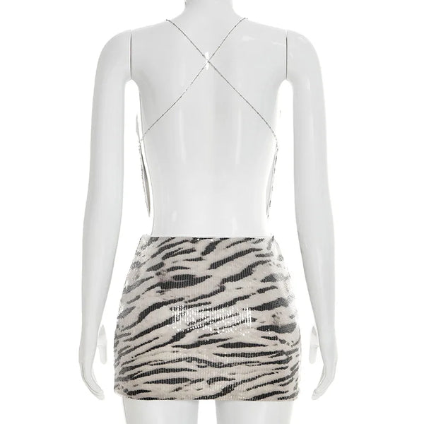 Zahara Zebra-Sequin Backless Mini Skirt Set Two-piece
