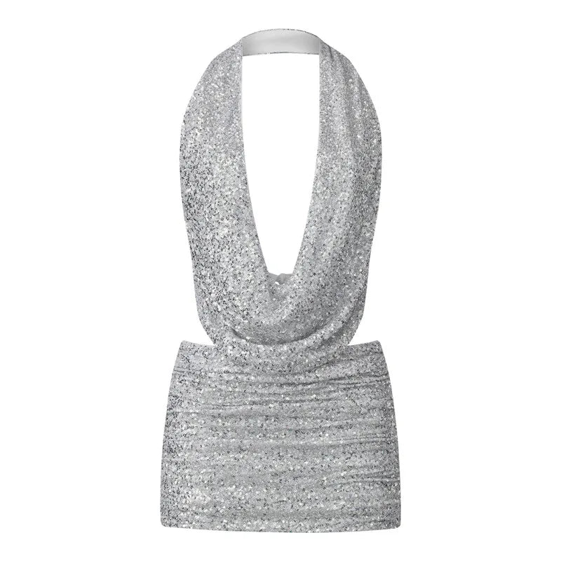 Wynonna Sequin Halter Cowl Crop Top & Mini Skirt Set
