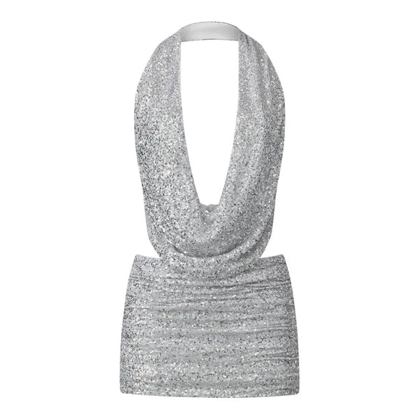 Wynonna Sequin Halter Cowl Crop Top & Mini Skirt Set