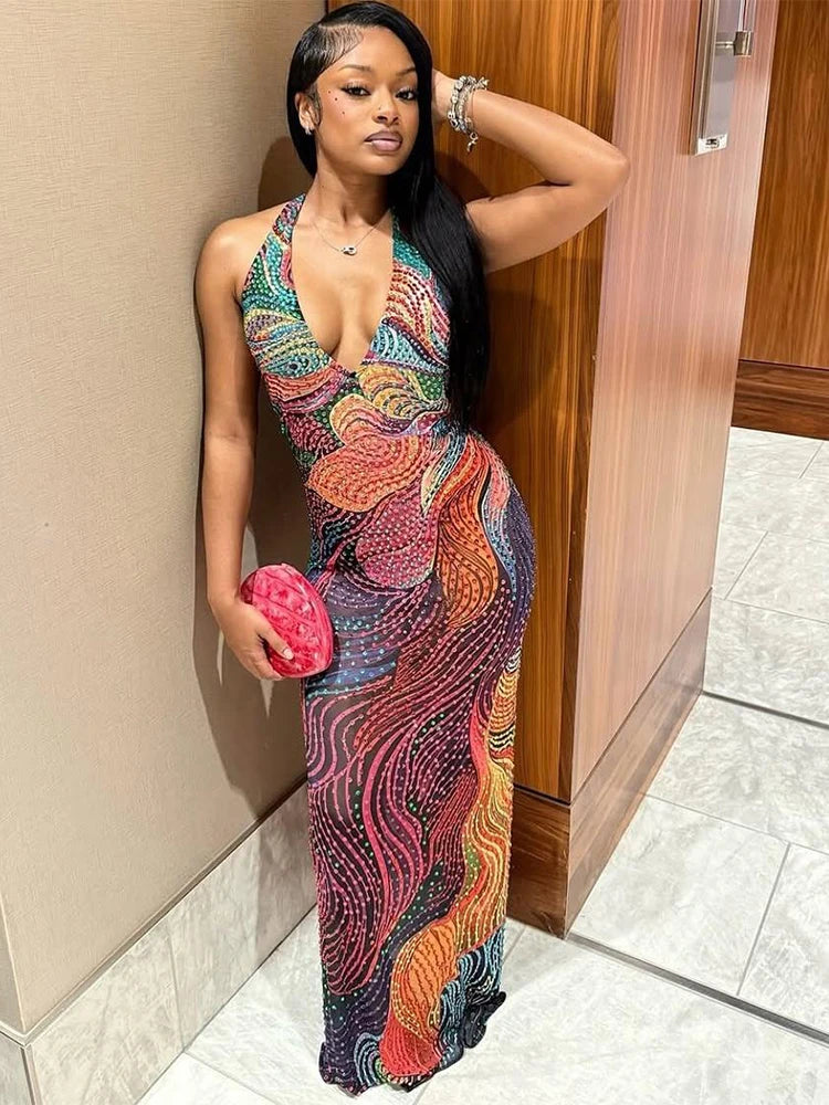 Aria Sunset Swirl Halter Mesh Maxi Dress
