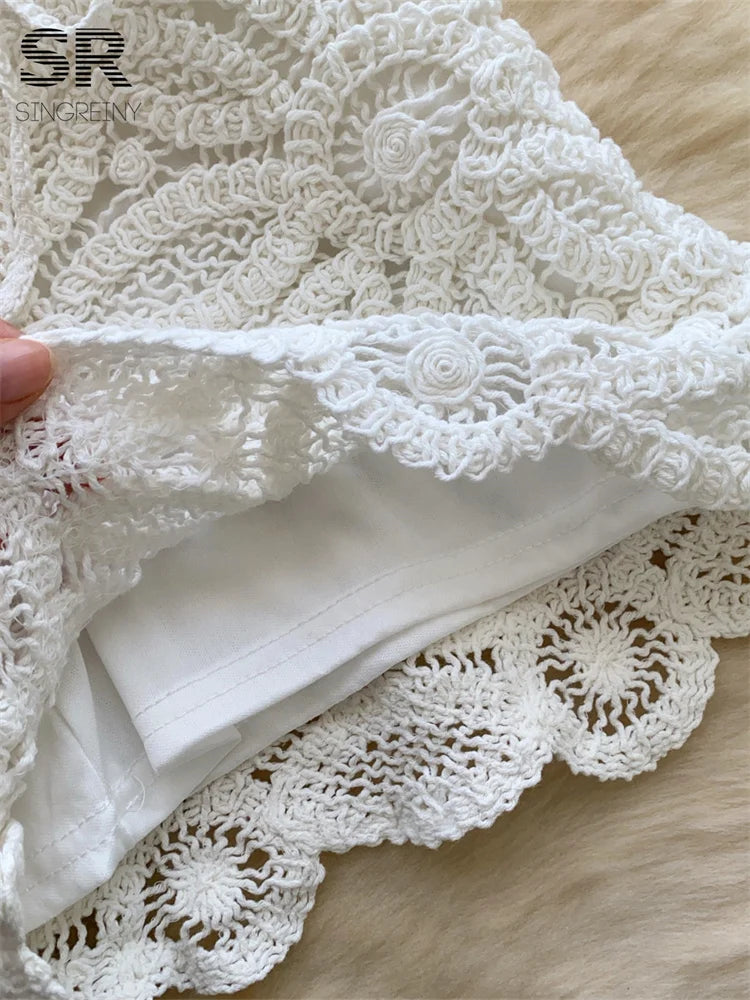 Florienne Crochet Floral Crop Top & Wide-Leg Shorts Two-piece