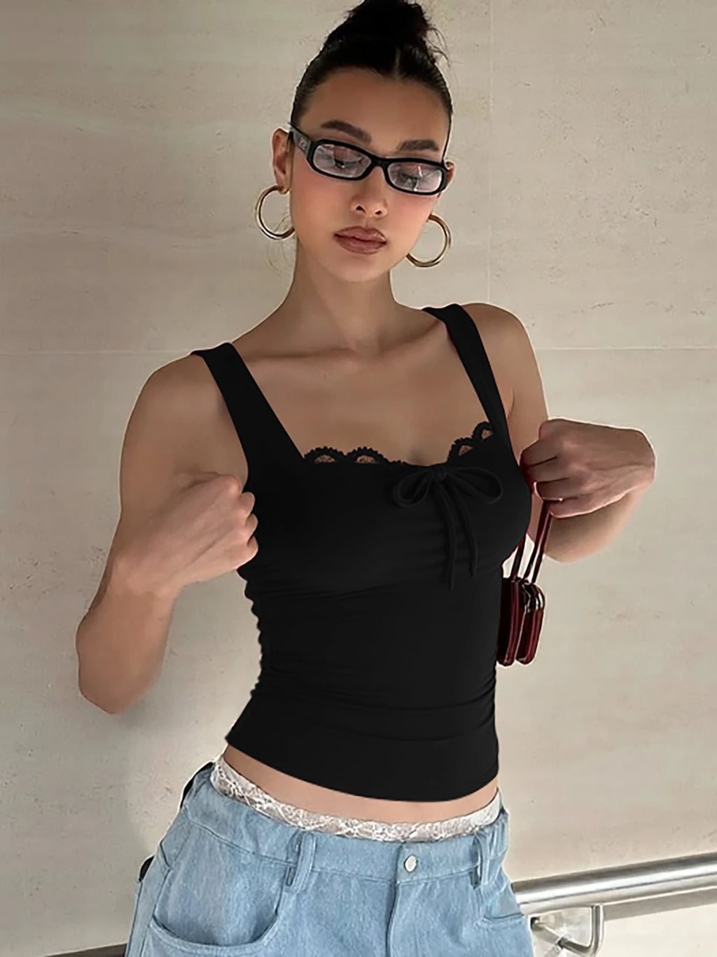 Dulzura Summer Fashion Sexy Square Collar Lace Up Ruffles Slim Vest Women'S Casual Versatile Y2K Top Party Street Style Clothes