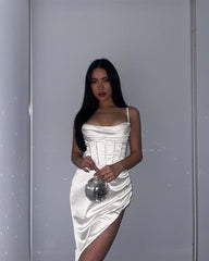Zoctuo Rhinestone Satin Dresses Boned Low Cut Silky Spaghetti Strap Side Split 2 Deck Ruched Pads Backless Midi Summer Vestidos