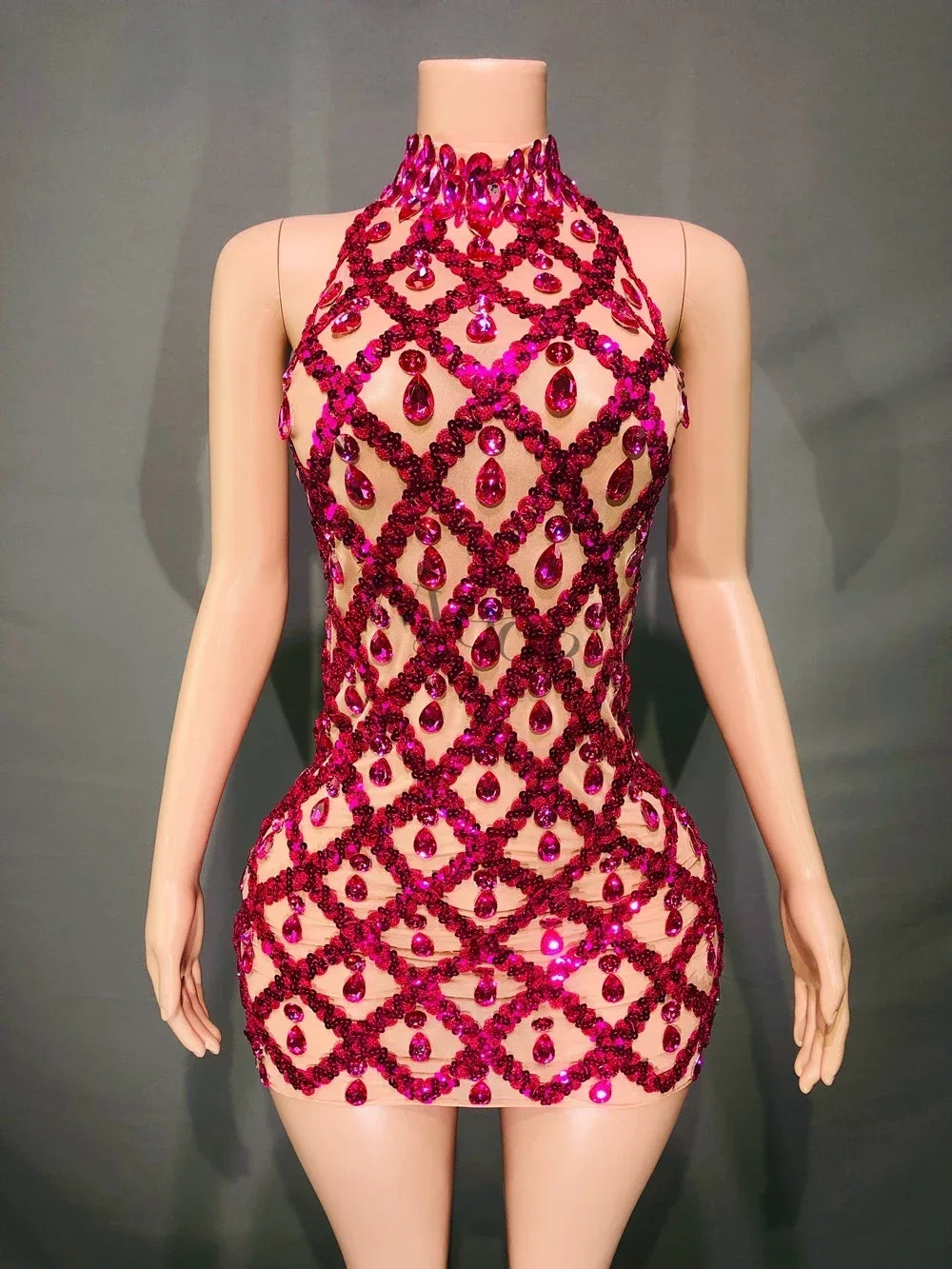 Adara Crystal Sequin Sheer Performance Mini Dress