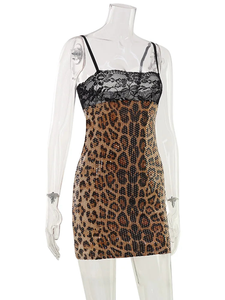Solveig Sequin Leopard Lace-Trim Cami Bodycon Mini Dress