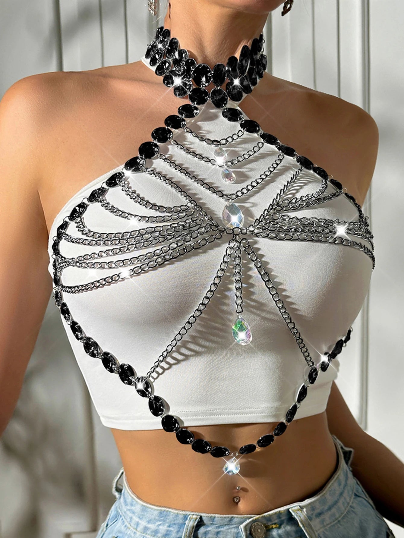 Leona Rhinestone Chain Corset Crop Top