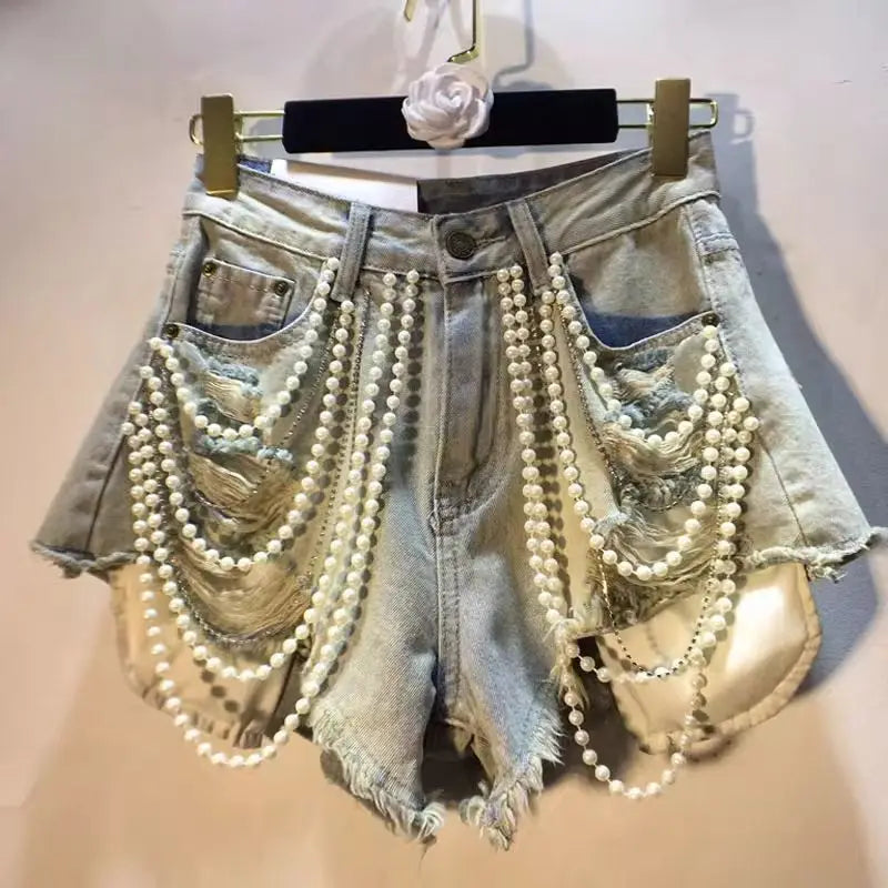 Leontine Pearl-Chain Denim Shorts Apparel One-piece Main image