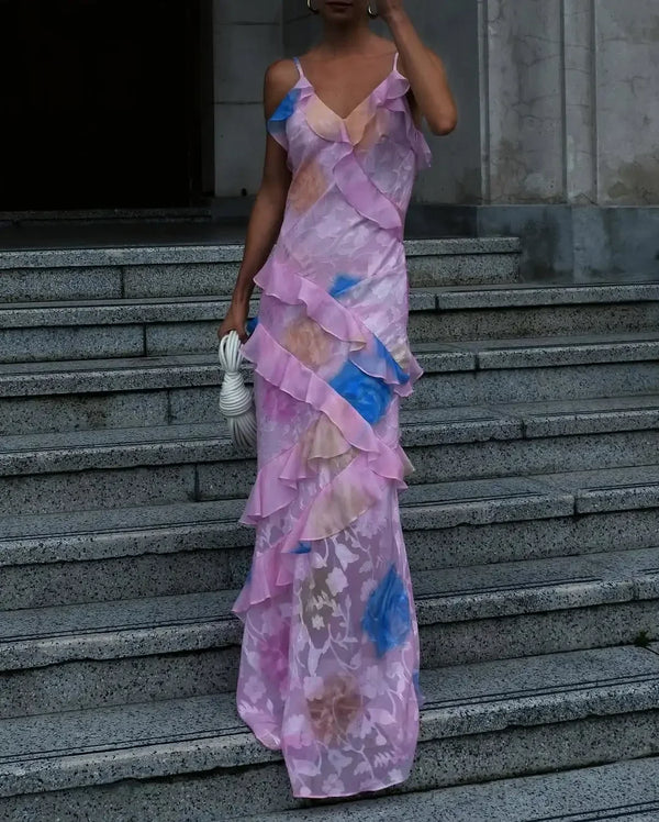 Aurelia Ruffle Asymmetric Maxi Dress