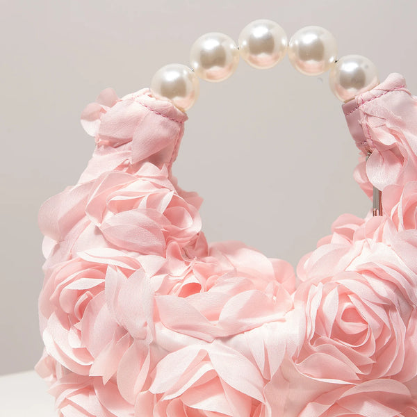 Rosalind Satin Rosette Pearl-Handle Half-Moon Evening Bag