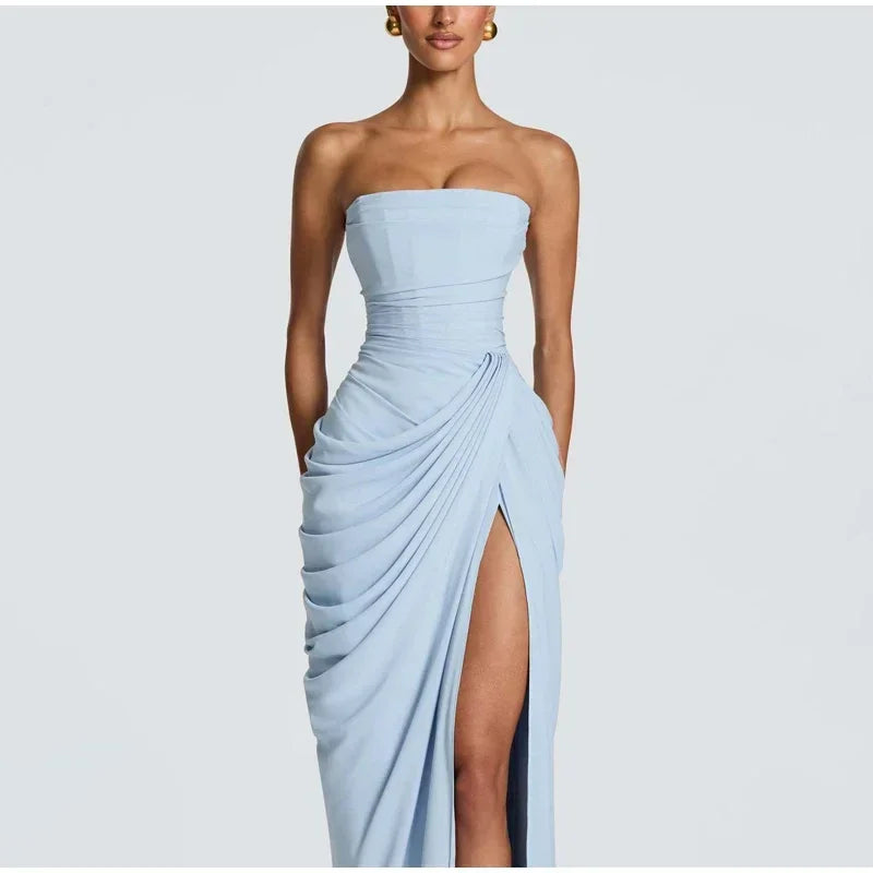 Elise Strapless Pleated Slit Maxi Dress
