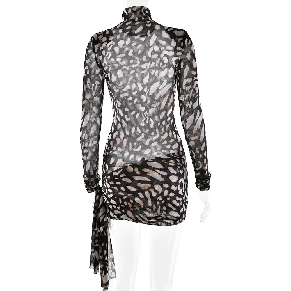Mireille Sheer Leopard Long-Sleeve Mini Dress