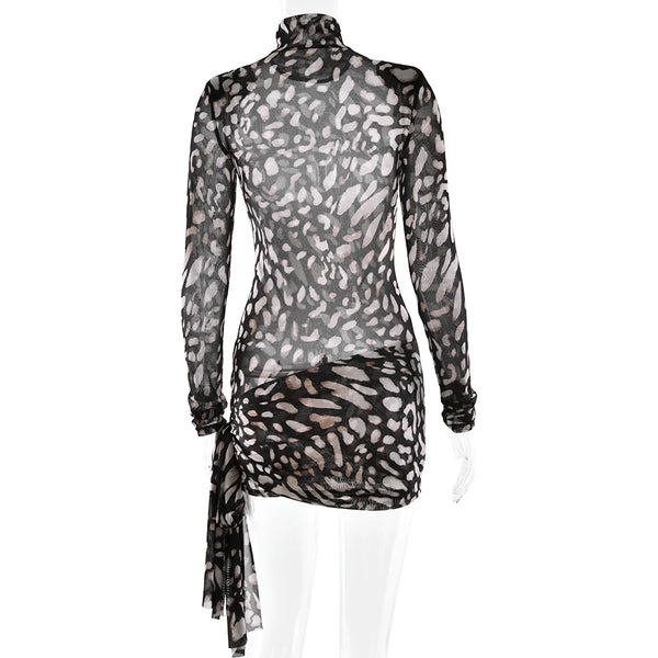 Mireille Sheer Leopard Long-Sleeve Mini Dress