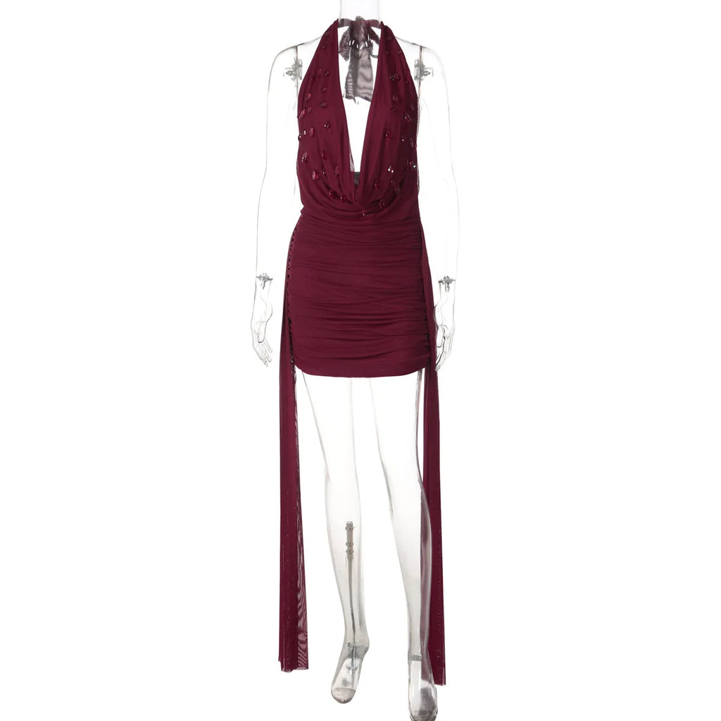 Roxana Beaded Deep-V Halter Mini Dress