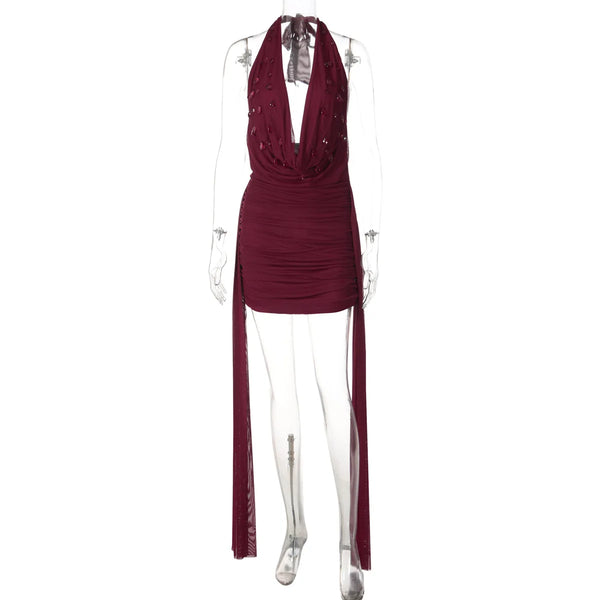 Roxana Beaded Deep-V Halter Mini Dress