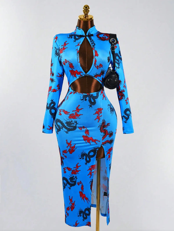 Lian Dragon-Print Keyhole Qipao Maxi Dress