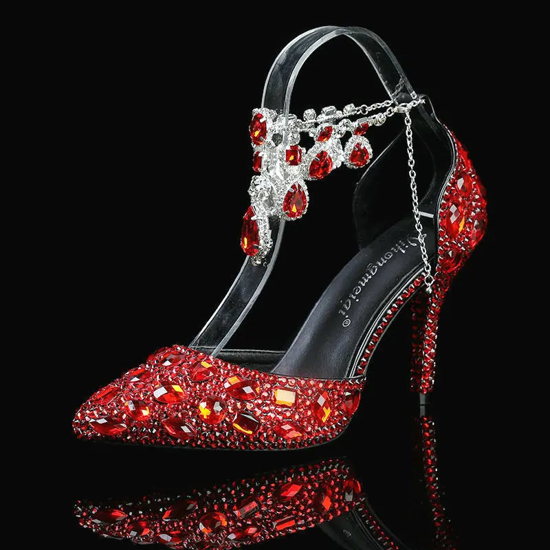 2025 Spring And Autumn New Women'S Shoes Pointed High Heels Crystal Diamond Chain Wedding Shoes Banquet Women'S Single Pumps