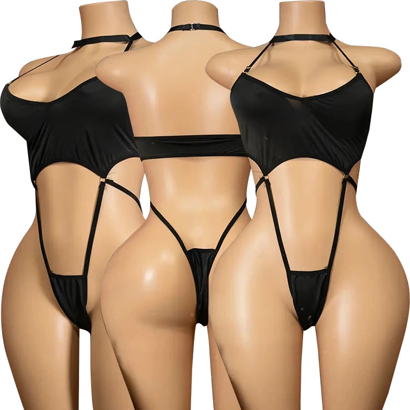 Erotic Crotchless Lingerie Women Hollow Bodysuit One Pieces Thong Sexy Costumes Deep V Neck Teddy Babydoll Dress Porno Underwear