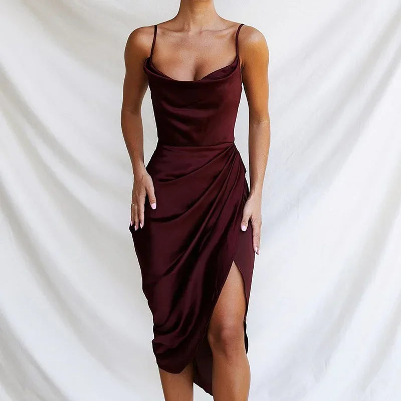 New Asia Ruched Satin Summer Dress Drawstring Spaghetti Straps Cowl Neck Backless Long Dresses for Women Party Sexy Vestidos