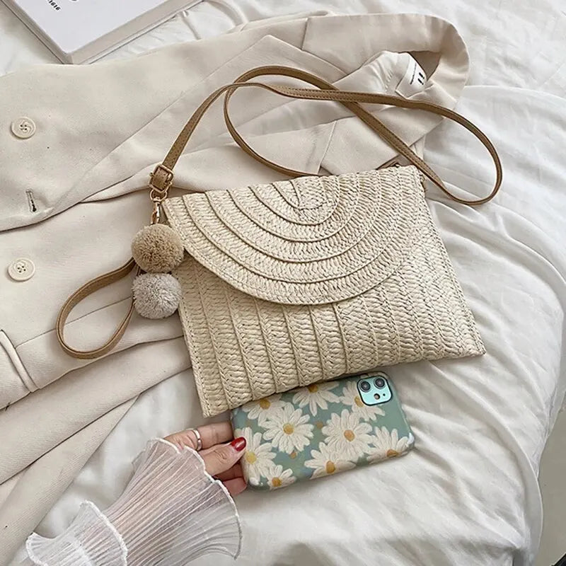 Soleil Woven Straw Envelope Crossbody Bag