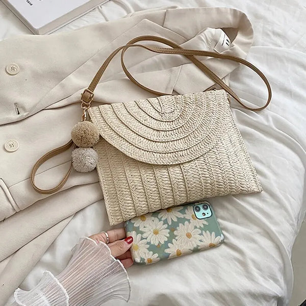 Soleil Woven Straw Envelope Crossbody Bag