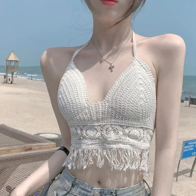 Soleil Crochet Tassel Halter Beach Crop Top One-piece