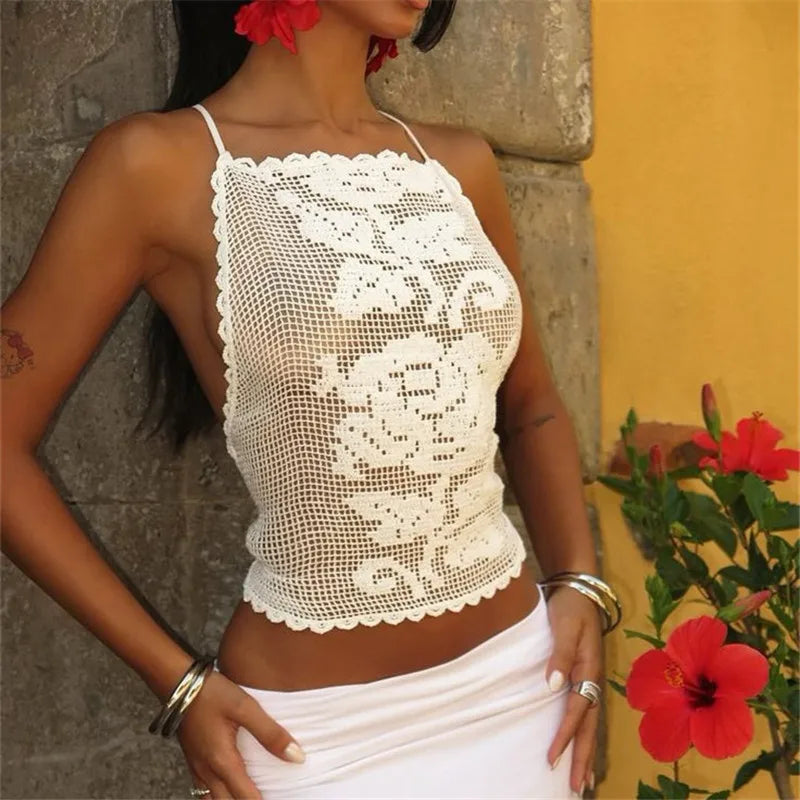 Bree Boho Crochet Floral Halter Open-Back Cami Top Secondary image