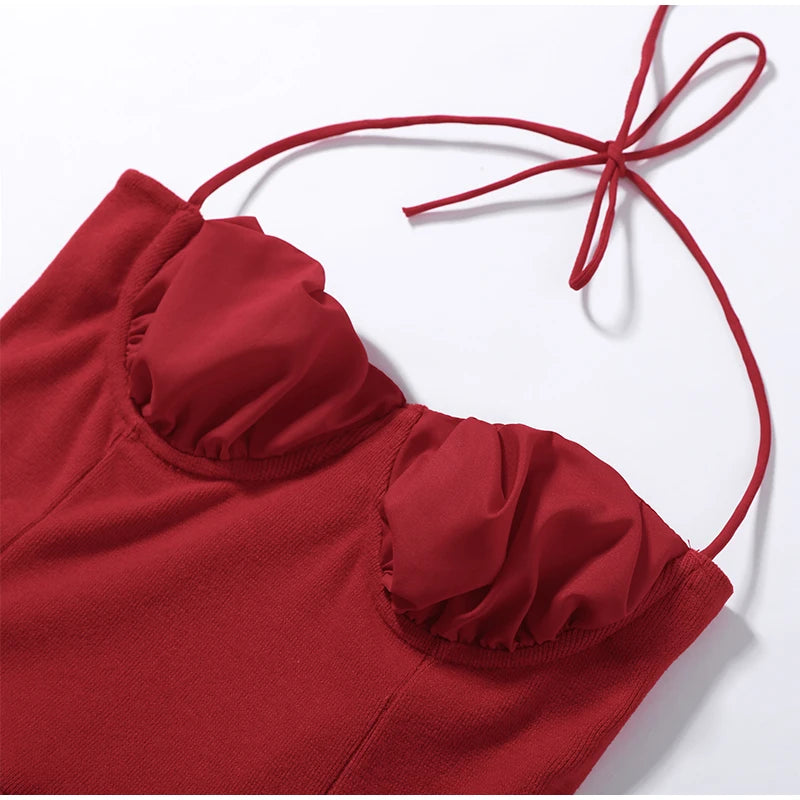 Perpetua Red Halter-Tie Sweetheart Peplum Top One-piece