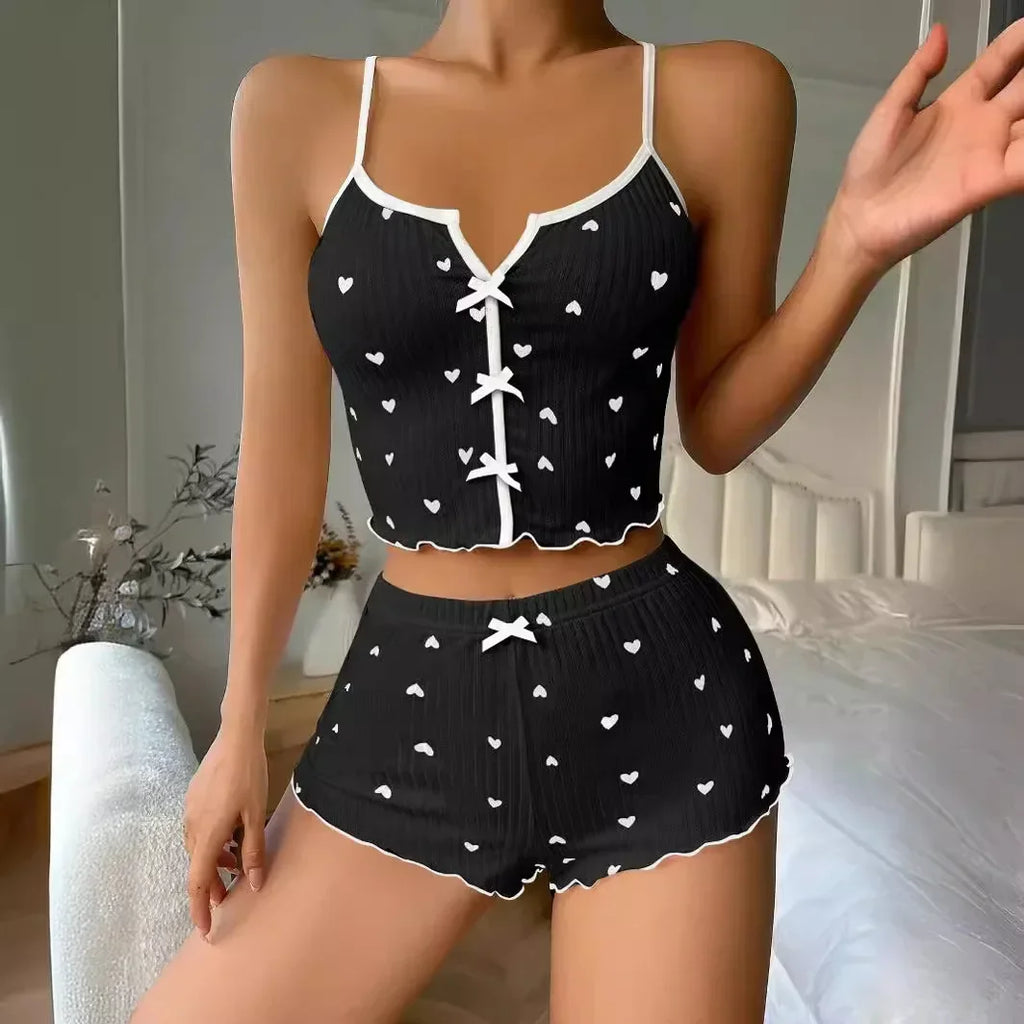 Lacey Heart-Print Ribbed Pajama Two-piece
