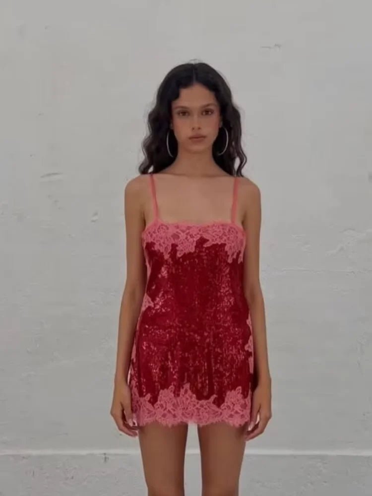 Rosette Sequin Lace-Trim Mini Dress