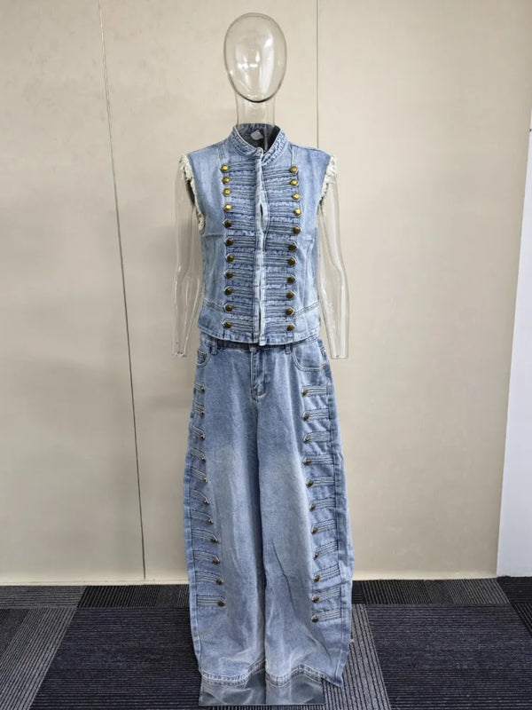 Bronwen Studded Denim Stand-Collar Vest & Wide-Leg Pants Two-piece