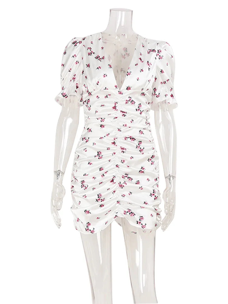 Rosaura Floral Puff-Sleeve V-Neck Ruched Bodycon Mini Dress