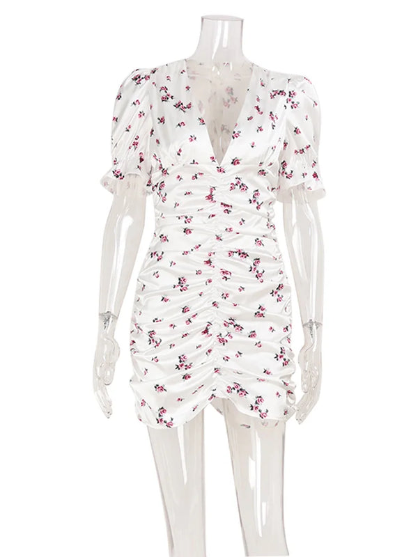 Rosaura Floral Puff-Sleeve V-Neck Ruched Bodycon Mini Dress