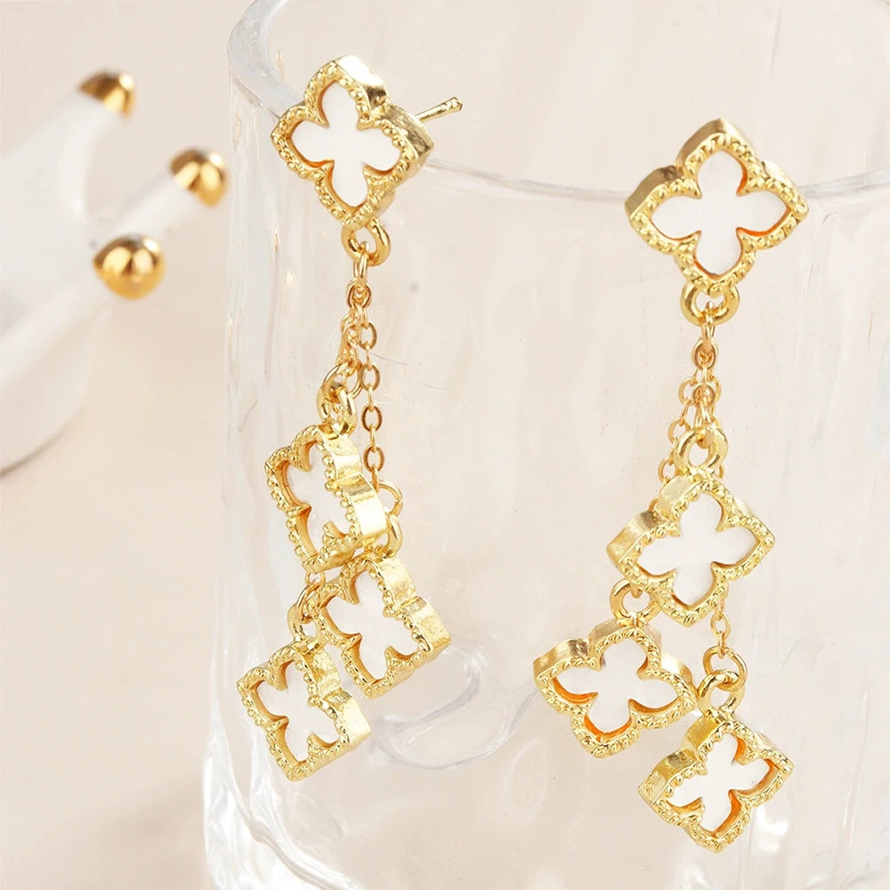Camellia Shell-Inlay Clover Drop Earrings