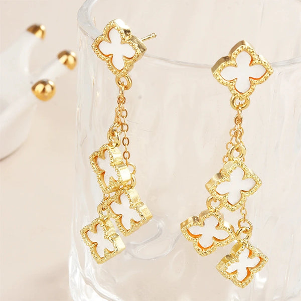 Camellia Shell-Inlay Clover Drop Earrings