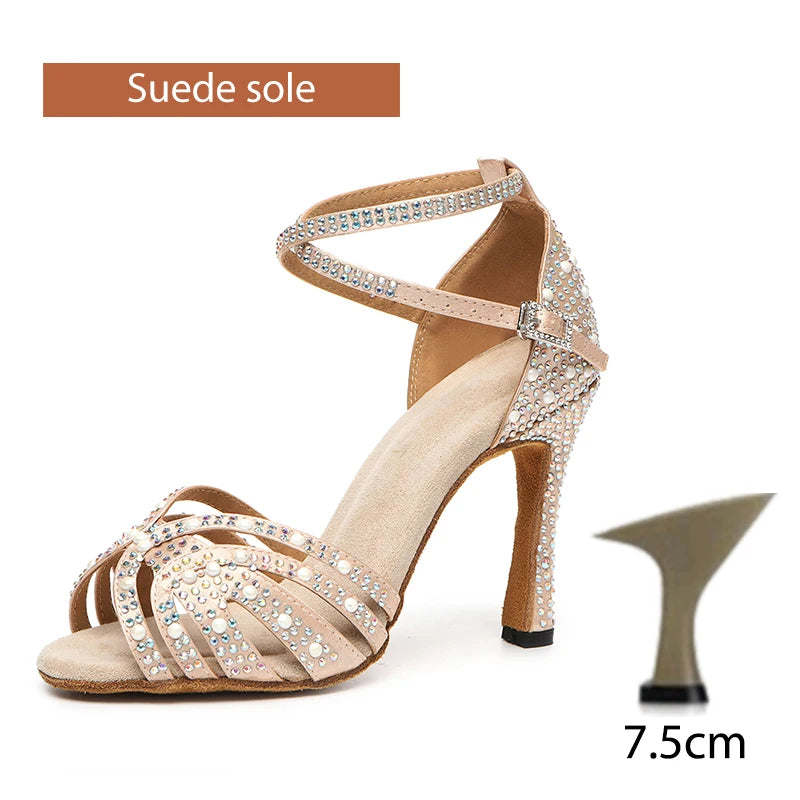 DKZSYIM Rhinestone Latin Dance Shoes Female Latin Salsa Girl Casual Shoes Black Bronze Skin Shiny Ballroom Dance Shoes Sandals