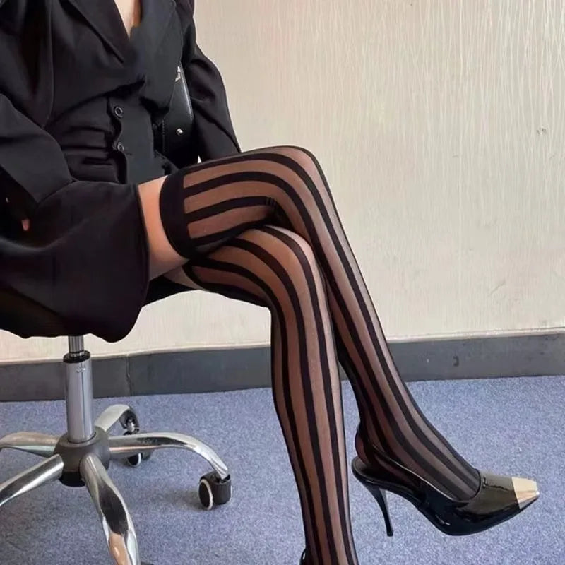 2026 New Sexy Vertical Stripe Black Thigh High Stretchy Stockings for Women Summer Thin Breathable Over-Knee Socks Sheer Tights Main image