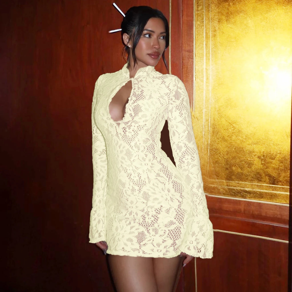 Pearl Lace Keyhole Flare-Sleeve Mini Dress