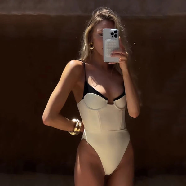 One Piece Swimsuit 2024 New Swimwear Black White Women Bathing Suit Beachwear Vintage Retro Monokini Swim Maillot de bain