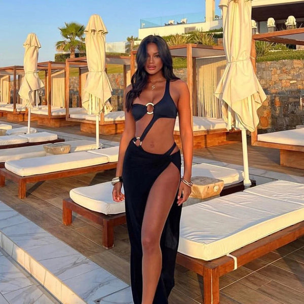 Two-Pieces Women One Shoulder 2025 Push-Up Padded Bra Black Swimsuit Swimwear Bathing Suit Beachwear Monokini Female