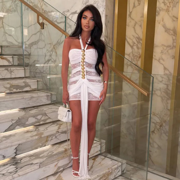Rosalie Lace Mesh Halter Mini Dress